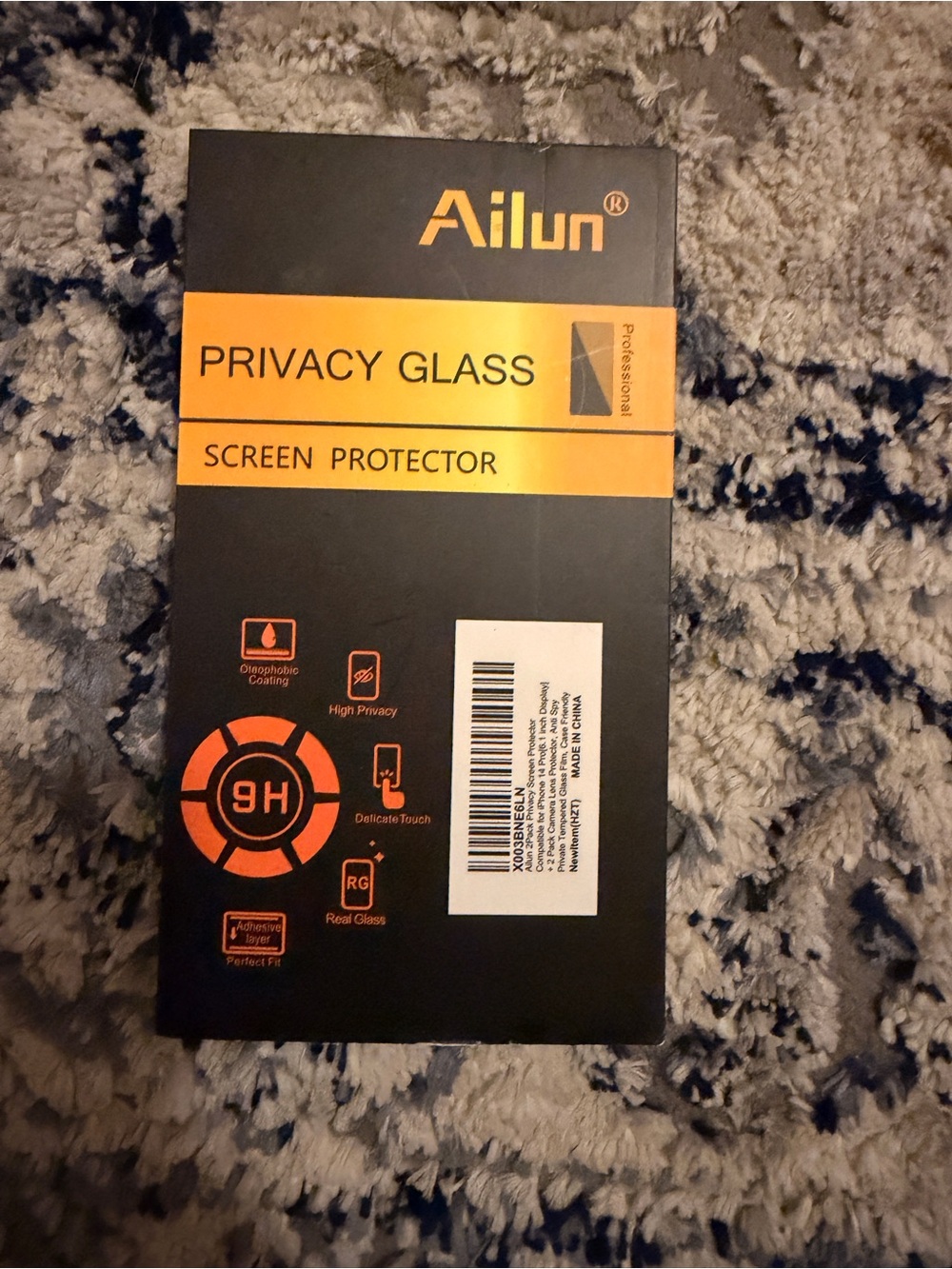 Ailun Privacy Glass Screen Protector Packaging - Black with Orange Accents